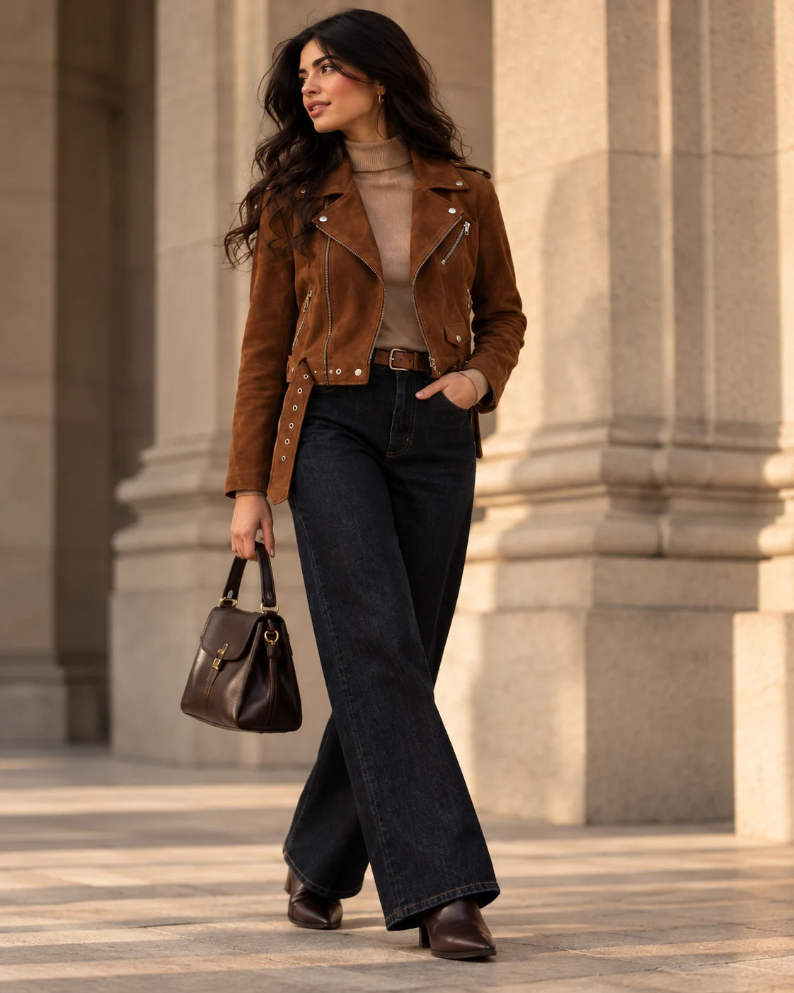 Women's Brown Suede Biker Jacket, view 4