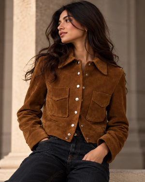 Bruin suède cropped shirtjack voor dames
