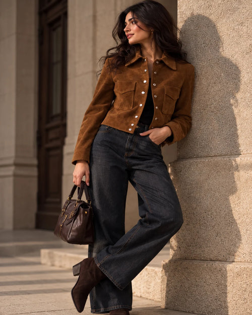 Women's Brown Suede Cropped Shirt Jacket, view 2