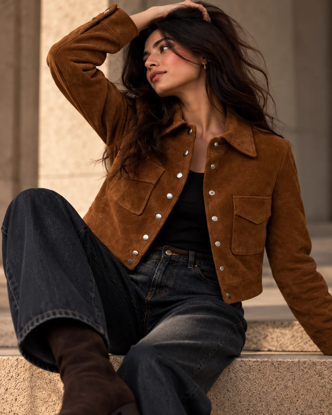 Women's Brown Suede Cropped Shirt Jacket, view 3