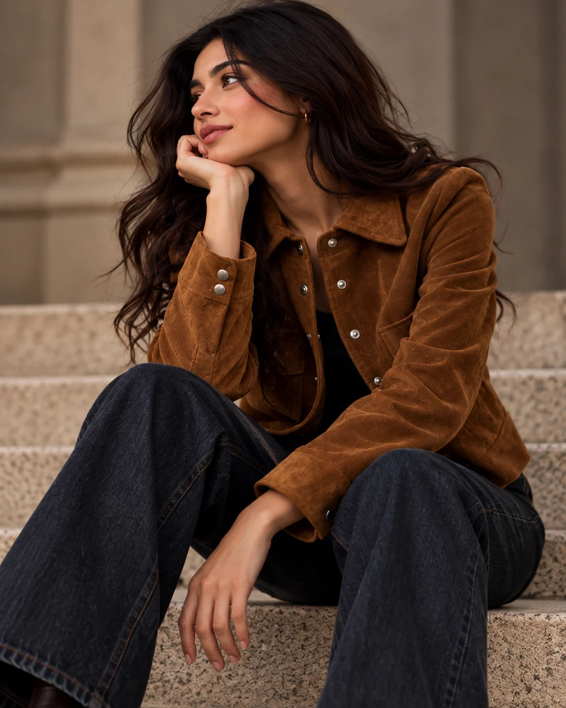 Women's Brown Suede Cropped Shirt Jacket, view 4