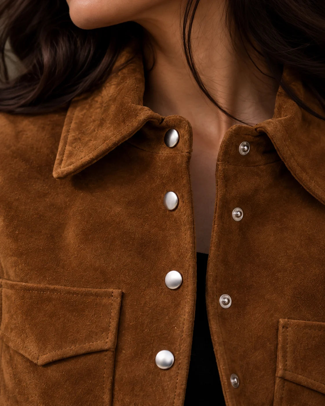Women's Brown Suede Cropped Shirt Jacket, view 6