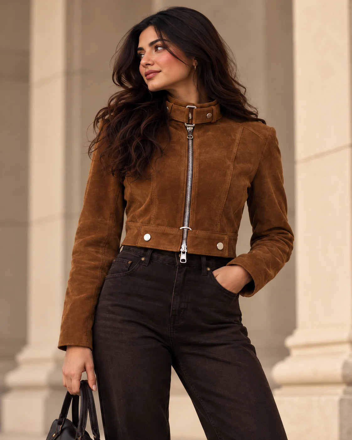 Women's Brown Suede Cropped Zip Jacket