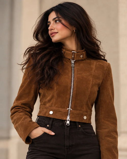 Women's Brown Suede Cropped Zip Jacket, view 2