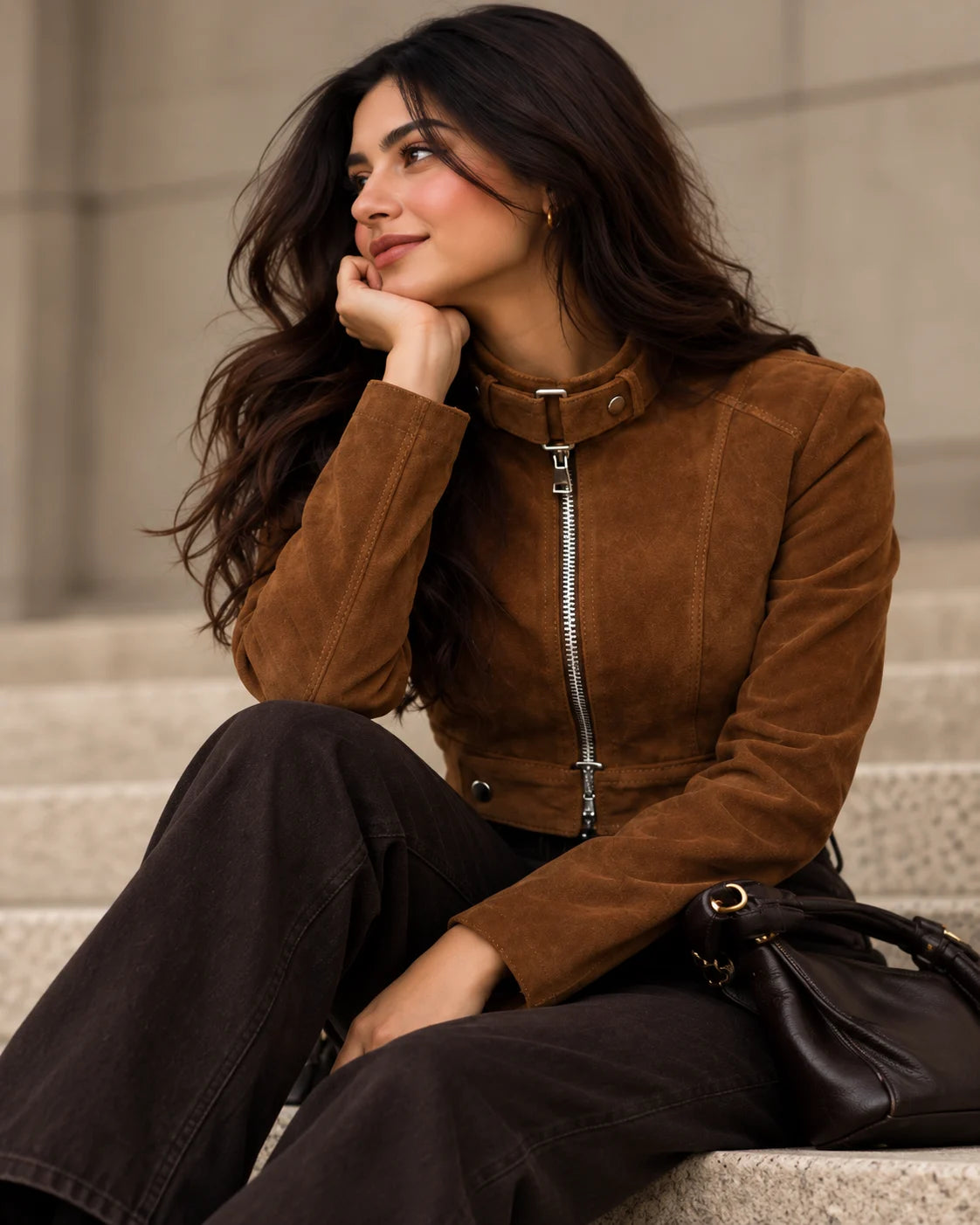 Women's Brown Suede Cropped Zip Jacket, view 3
