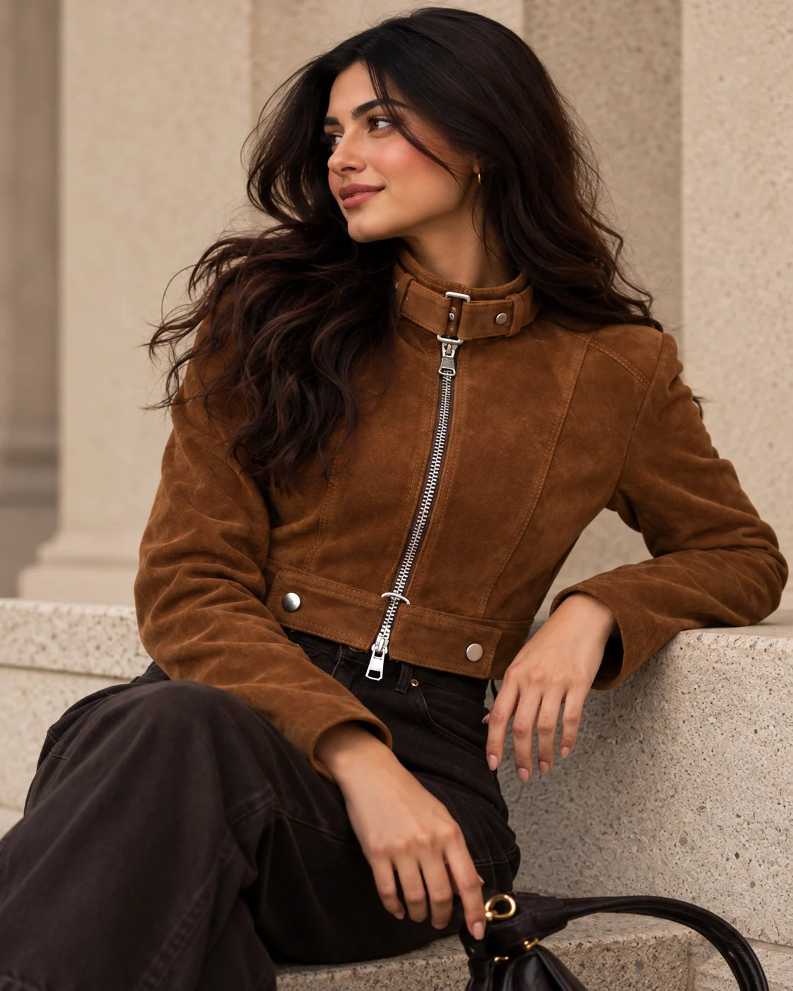 Women's Brown Suede Cropped Zip Jacket, view 4