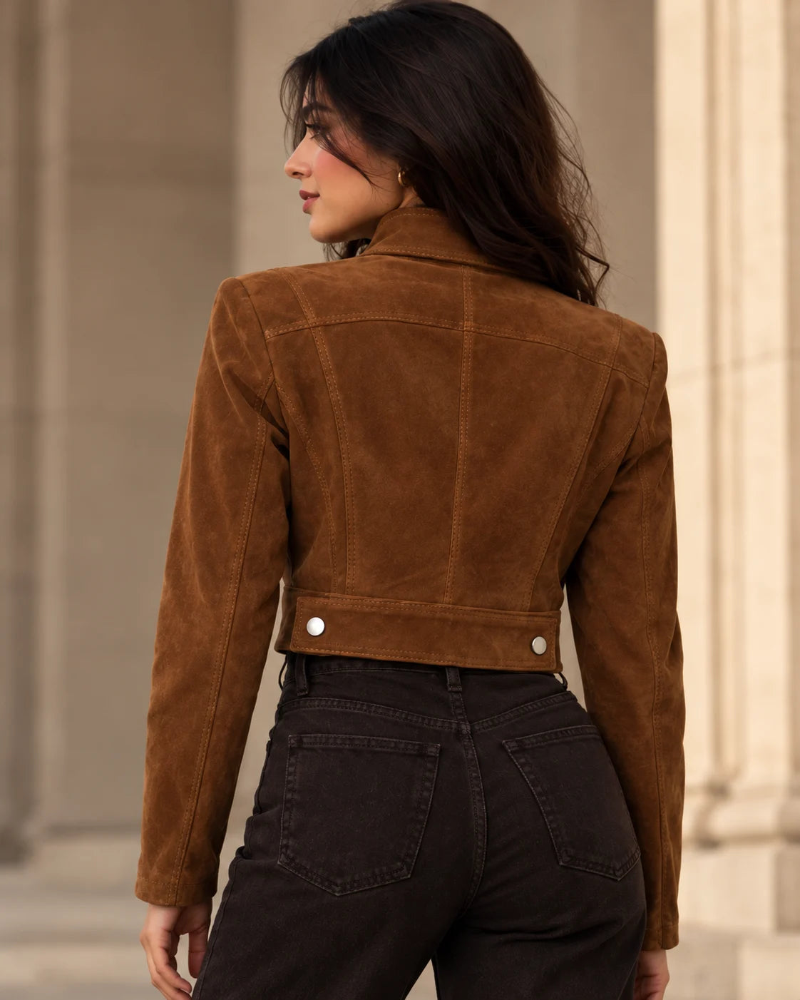 Women's Brown Suede Cropped Zip Jacket, view 5