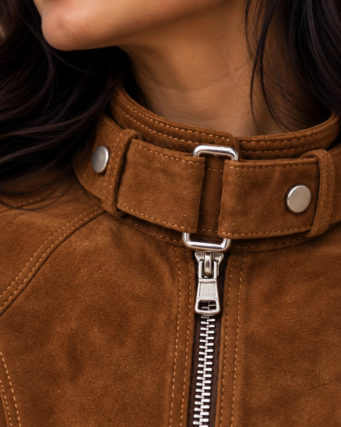 Women's Brown Suede Cropped Zip Jacket, view 6