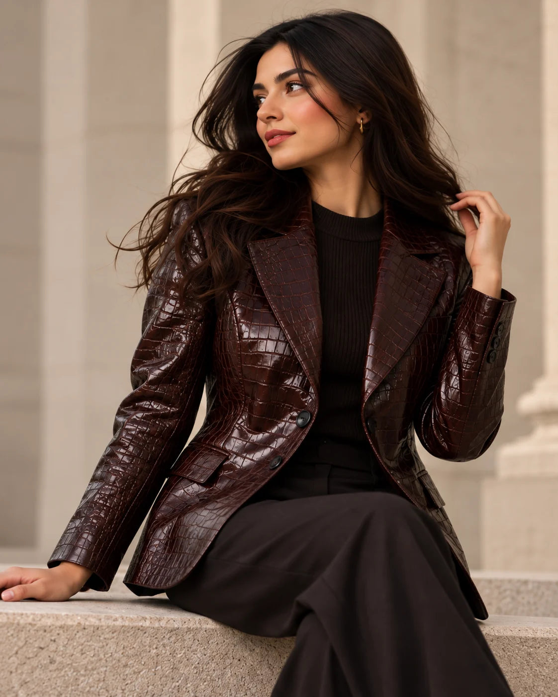 Women's Burgundy Croc-Embossed Leather Blazer, view 2