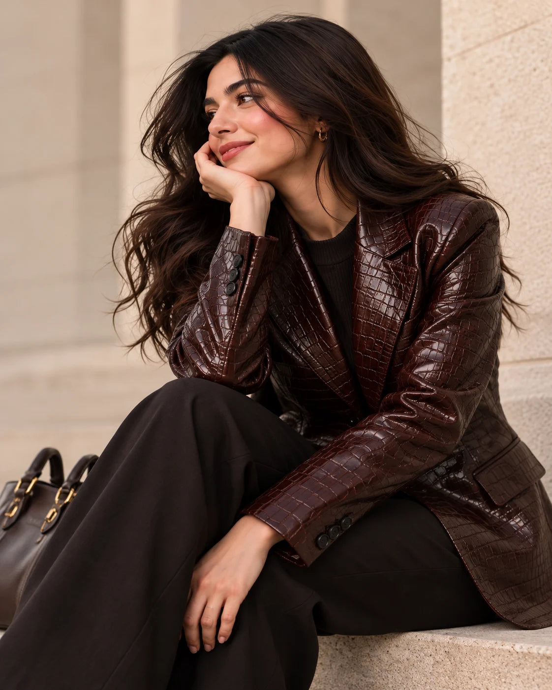Women's Burgundy Croc-Embossed Leather Blazer, view 3