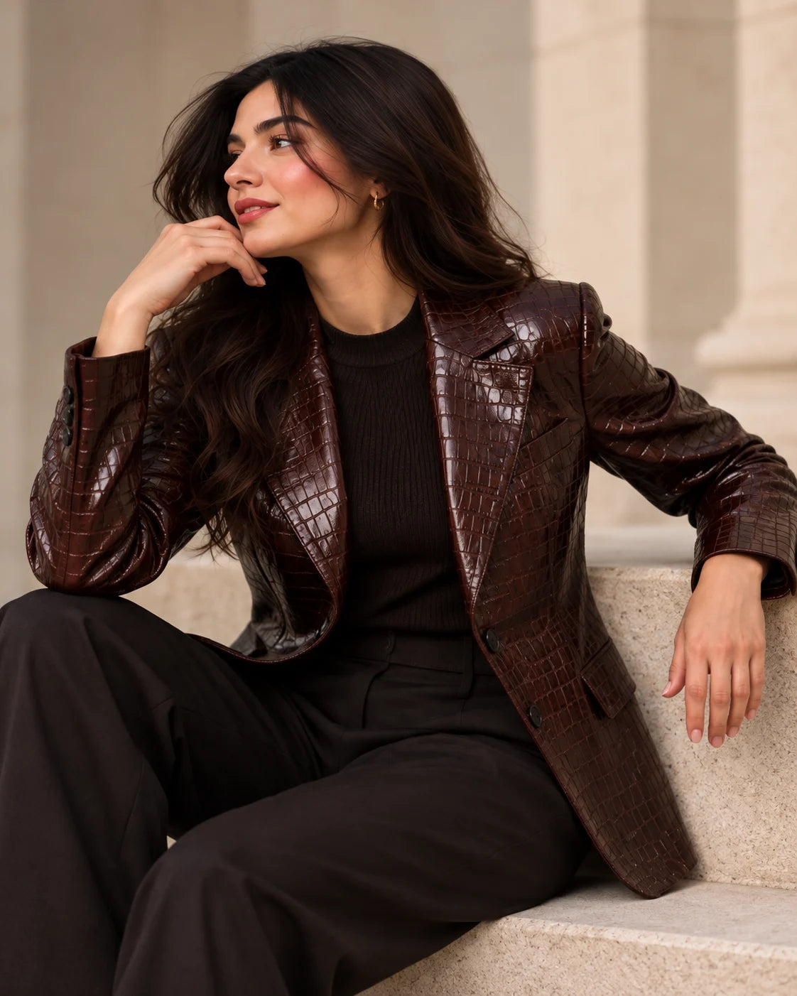 Women's Burgundy Croc-Embossed Leather Blazer, view 4