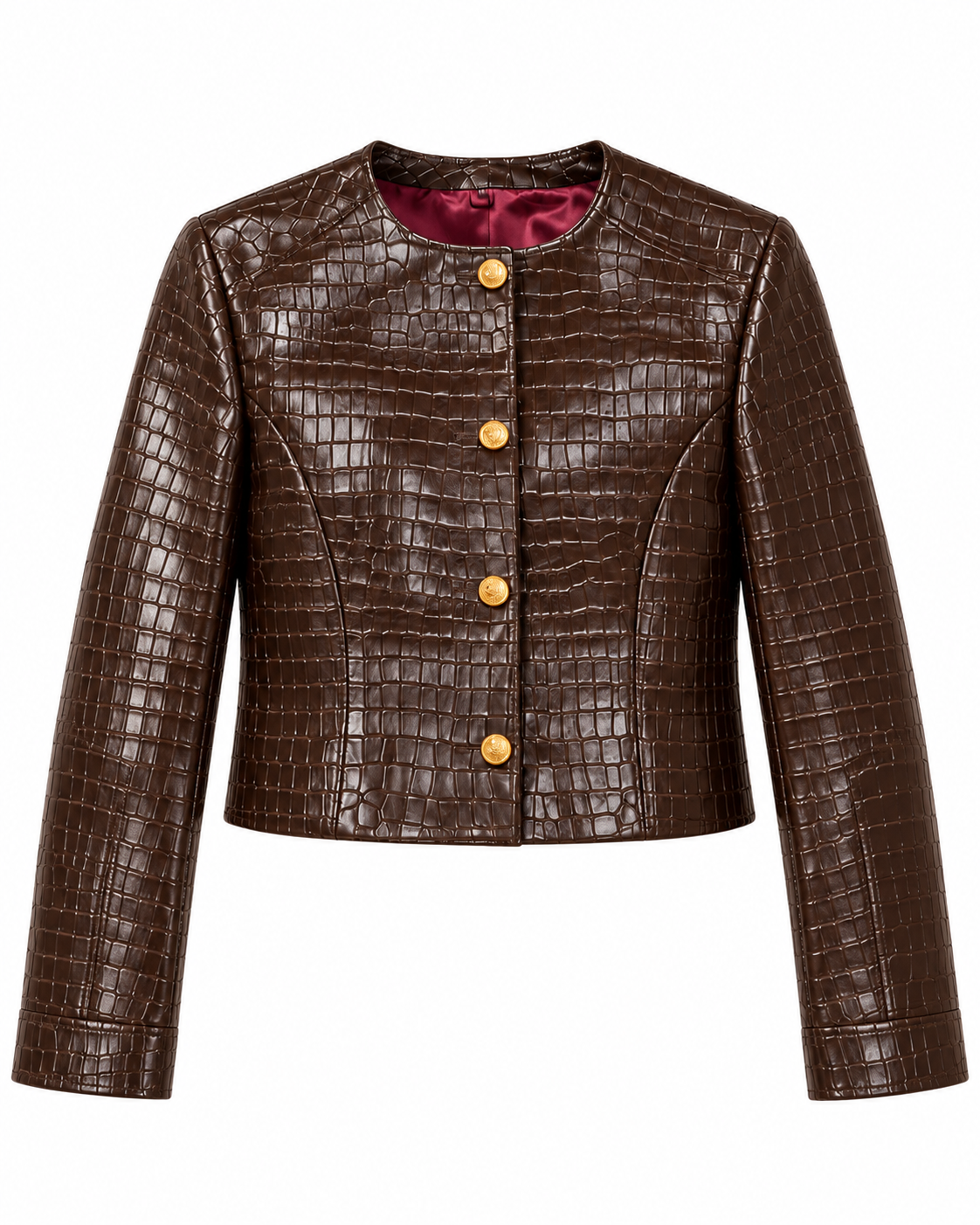 Women's chocolate brown croc-embossed cropped leather jacket with gold buttons, front view