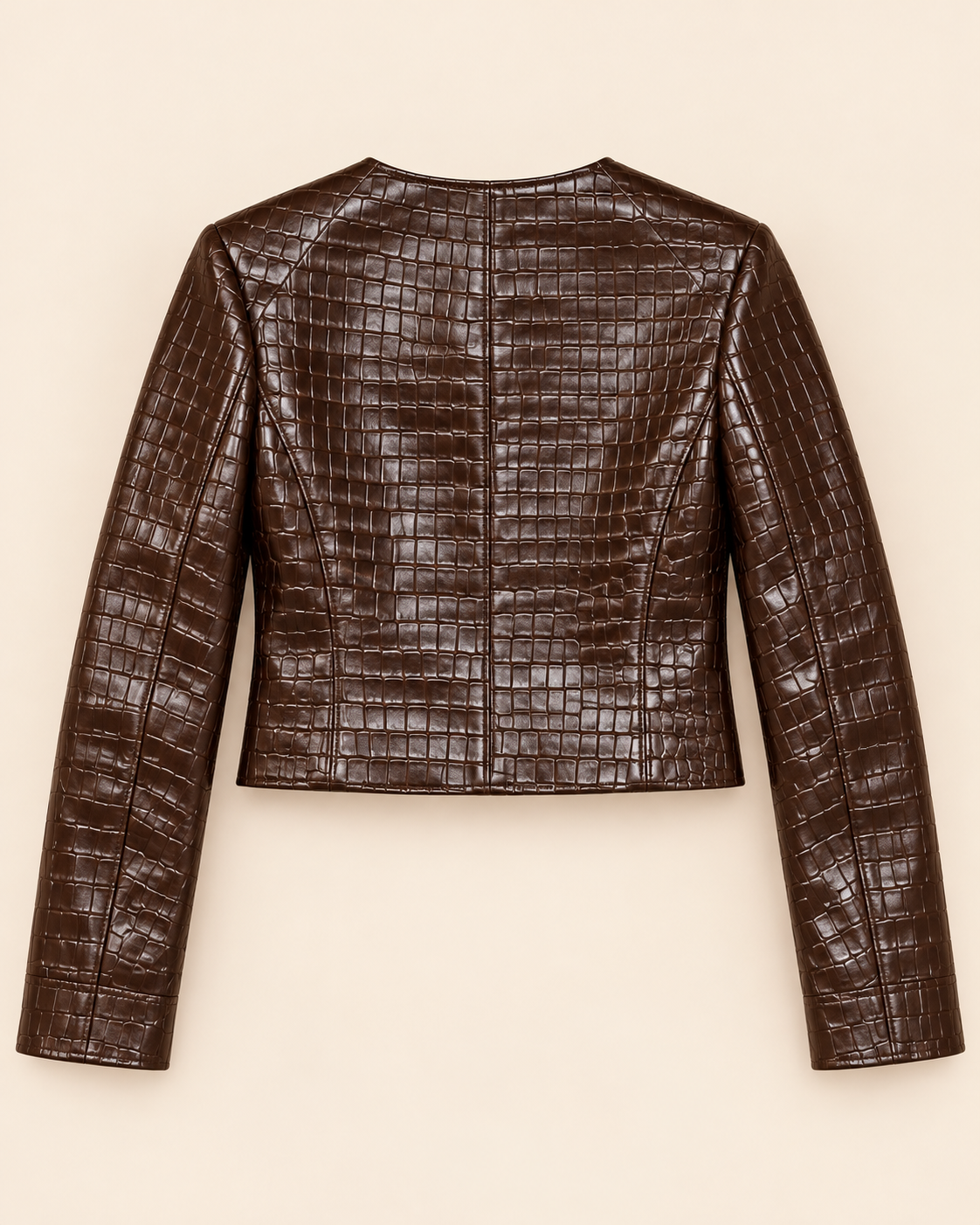 Back view of the women's chocolate brown cropped croc leather jacket