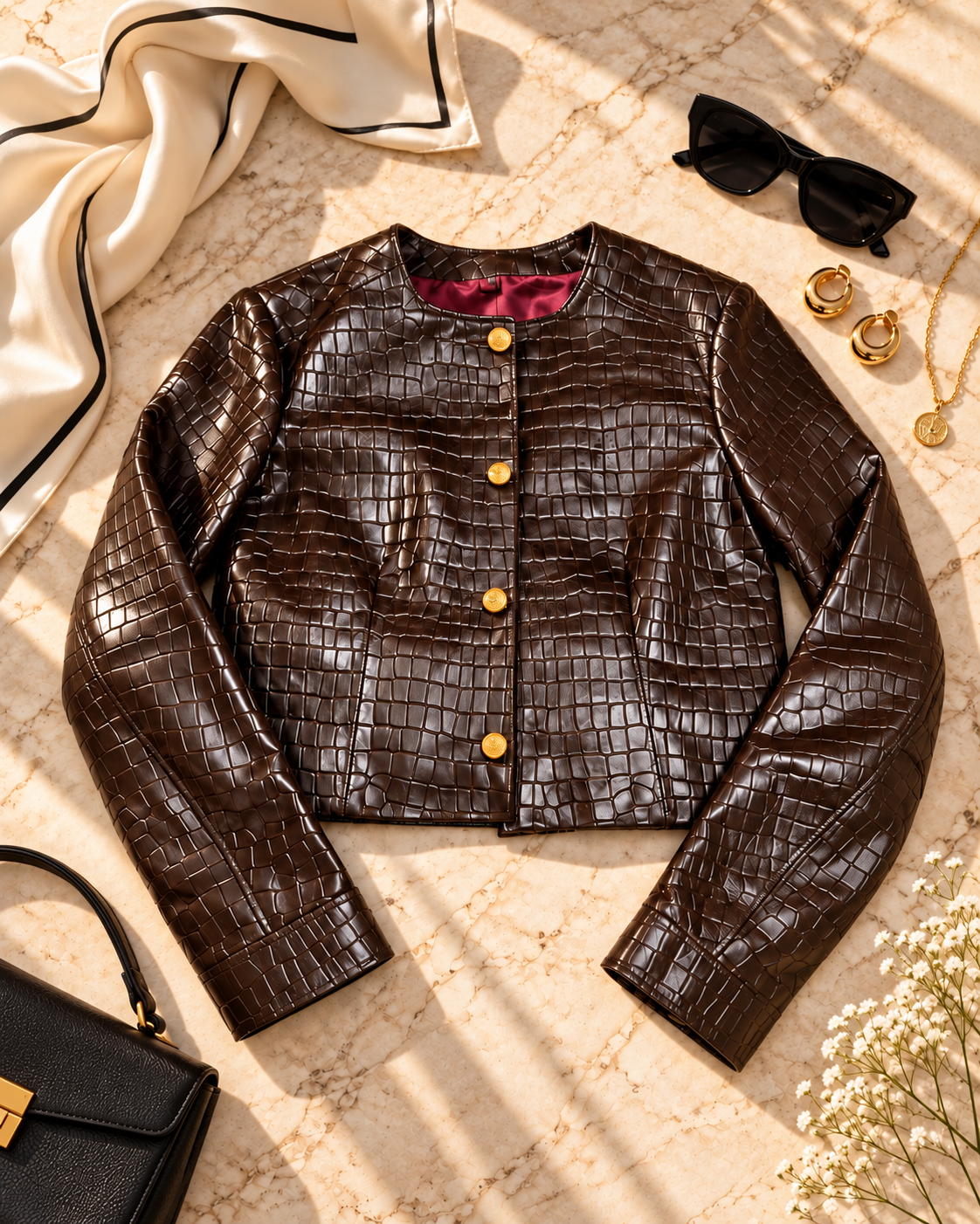 Chocolate brown croc leather jacket in a flat lay with sunglasses and a black bag