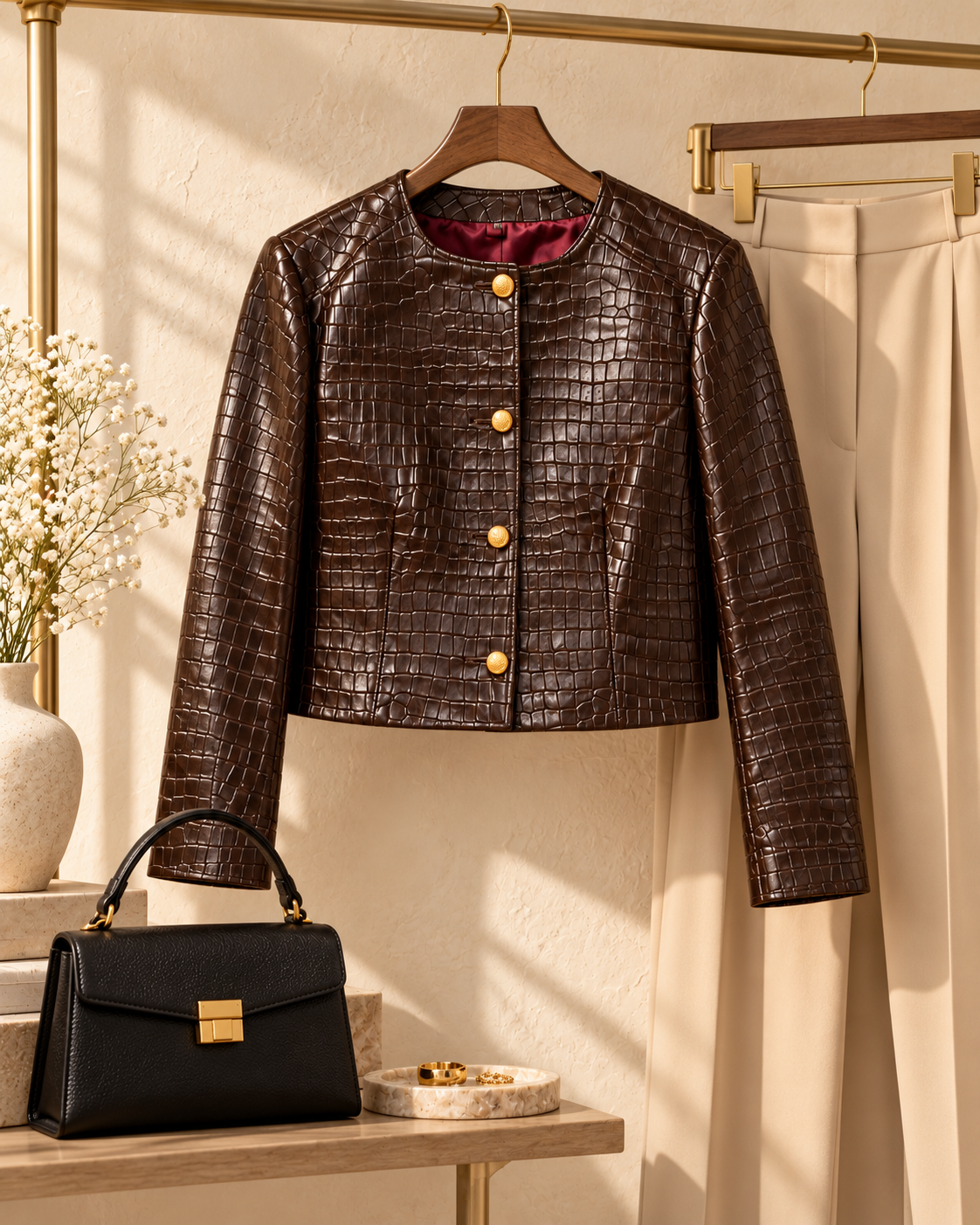 Chocolate brown cropped croc jacket on a hanger beside a black handbag