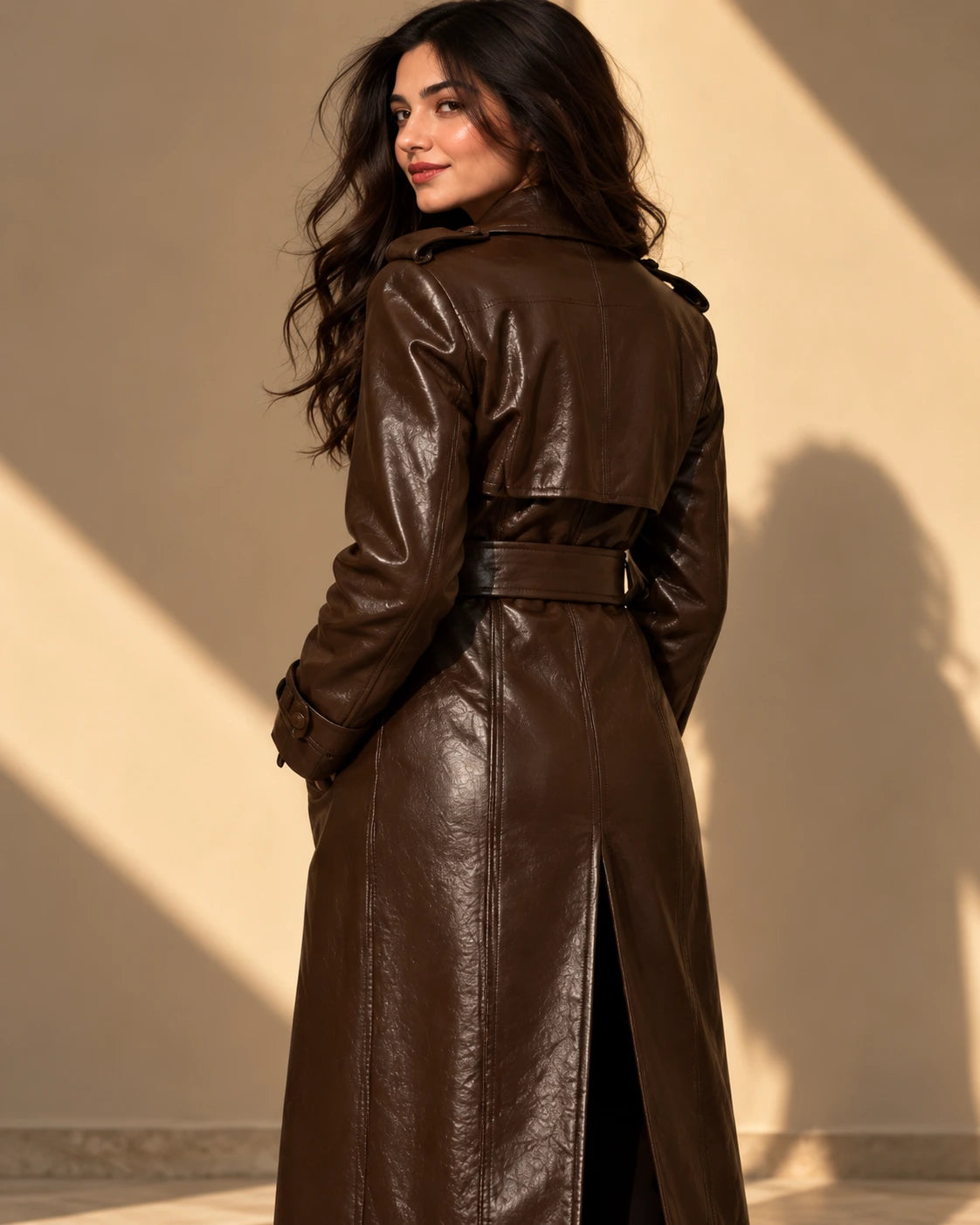 Women's Chocolate Brown Leather Trench Coat, view 5