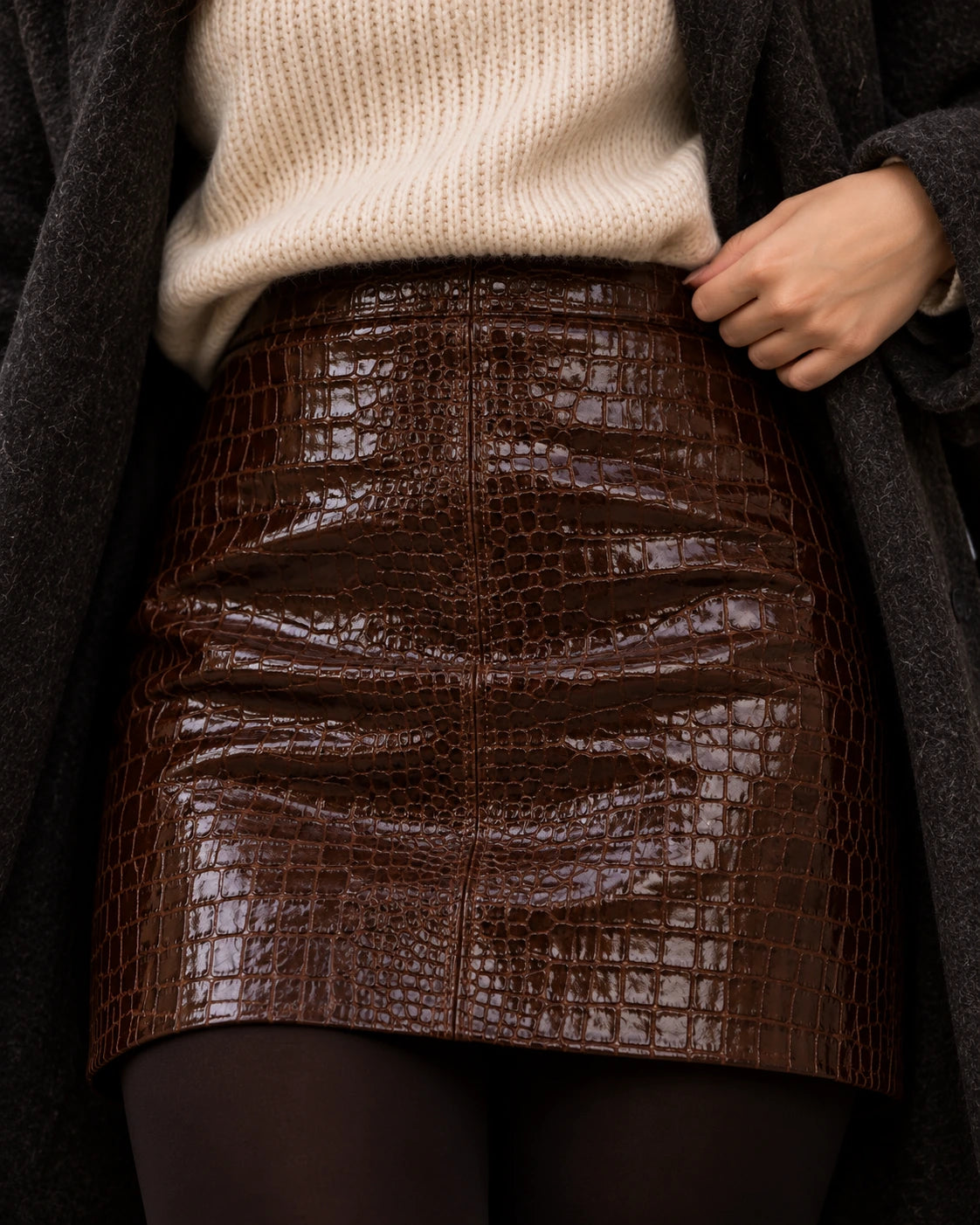 Women's Chocolate Croc-Embossed Leather Mini Skirt, view 7