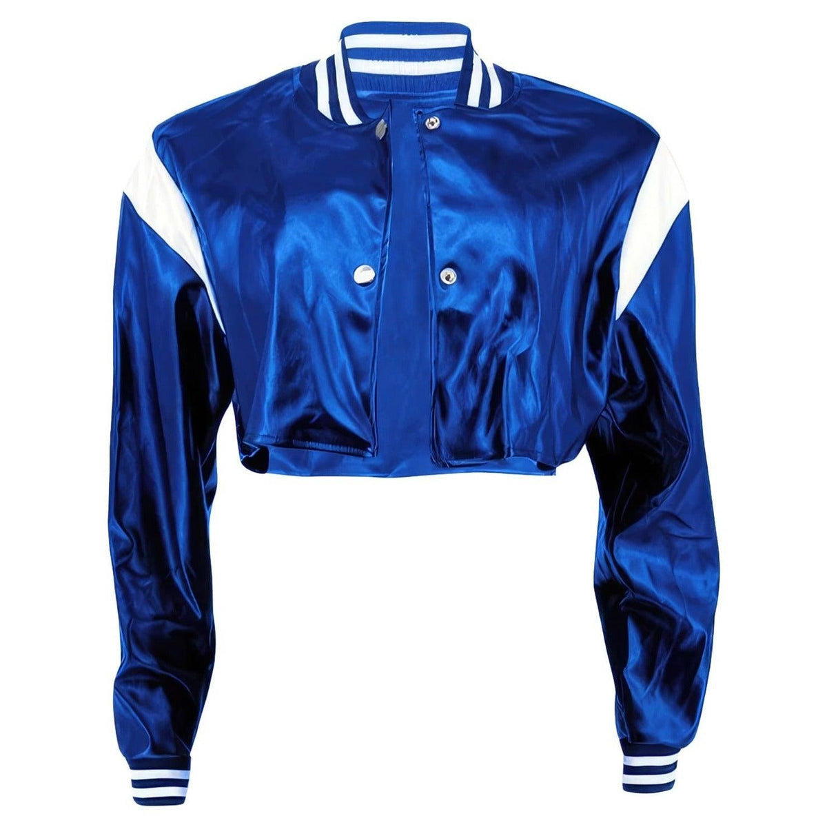 Women's cropped blue leather varsity jacket with striped rib collar and cuffs, front view