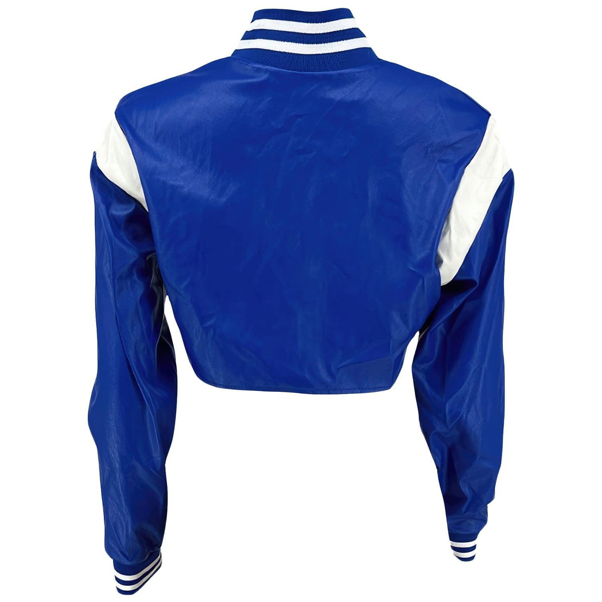 Back view of a women's cropped blue leather varsity jacket