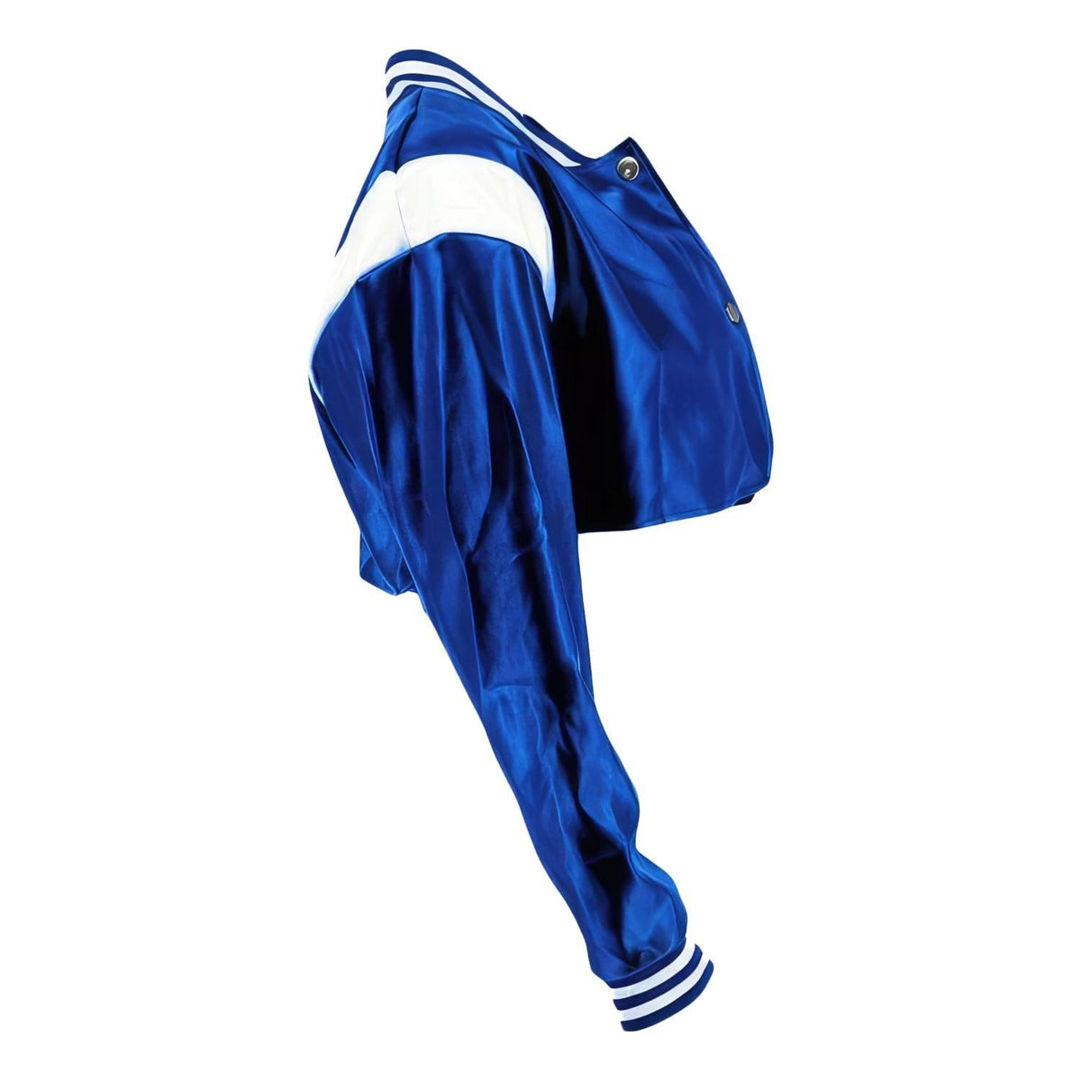 Side view of a cropped blue leather varsity jacket showing the striped cuff