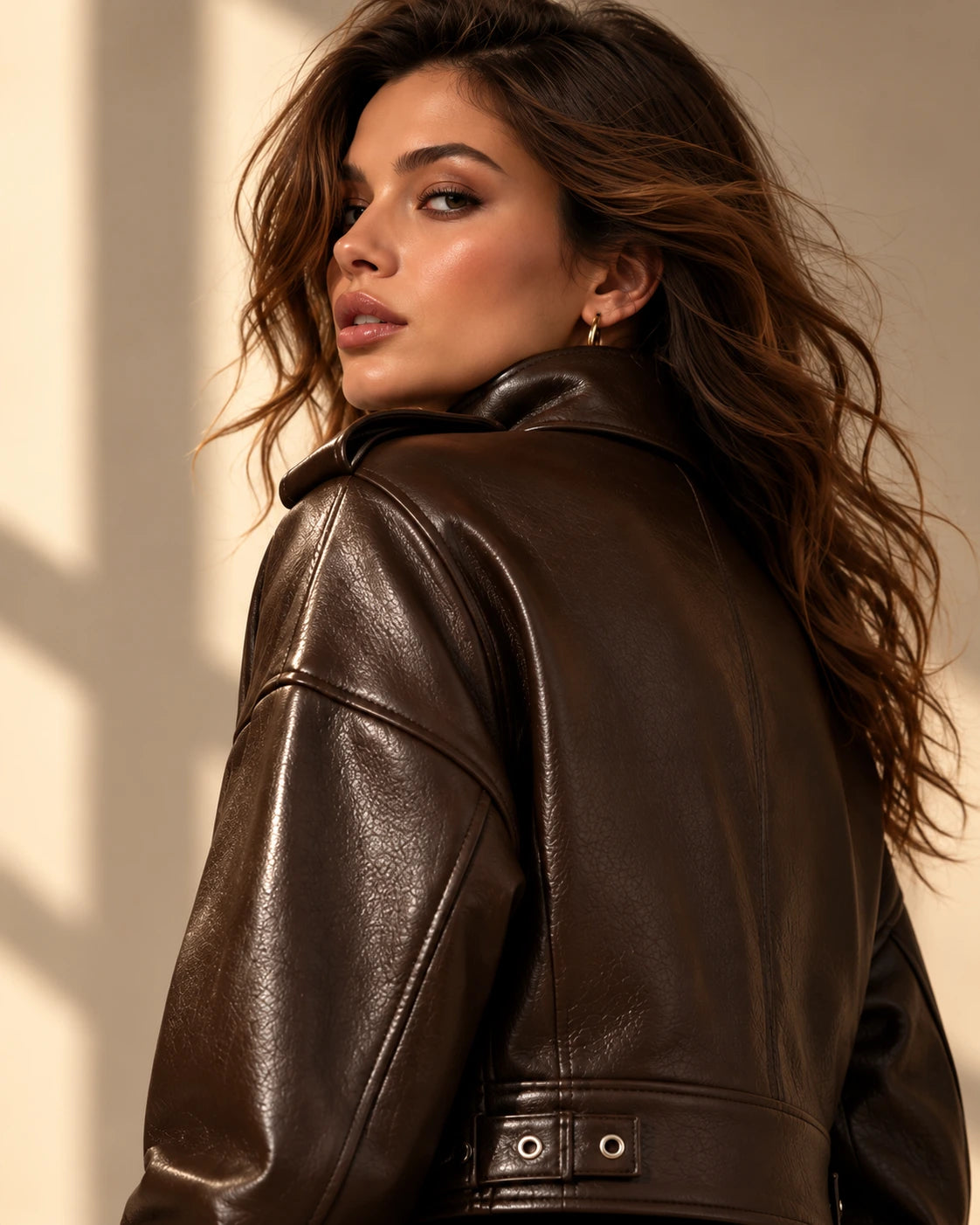 Women's Dark Brown Leather Biker Jacket, view 5