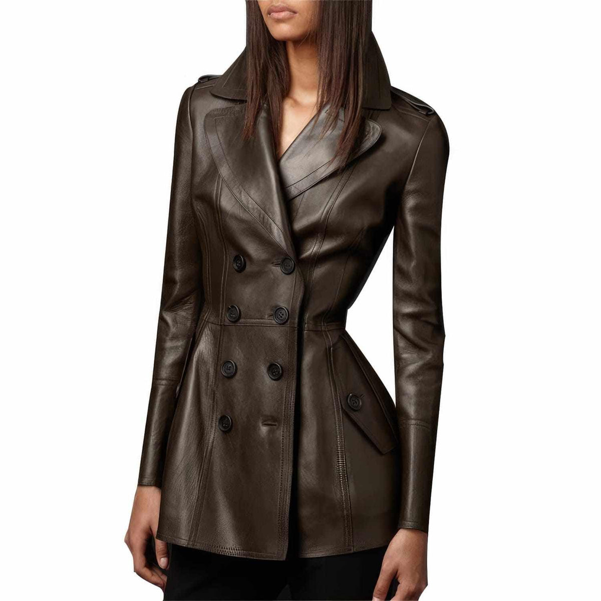Zweireihiger Damen-Trenchcoat aus Leder, Vorderansicht
