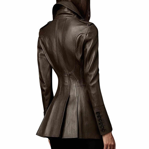 Women's Double-Breasted Leather Trench Coat, styled