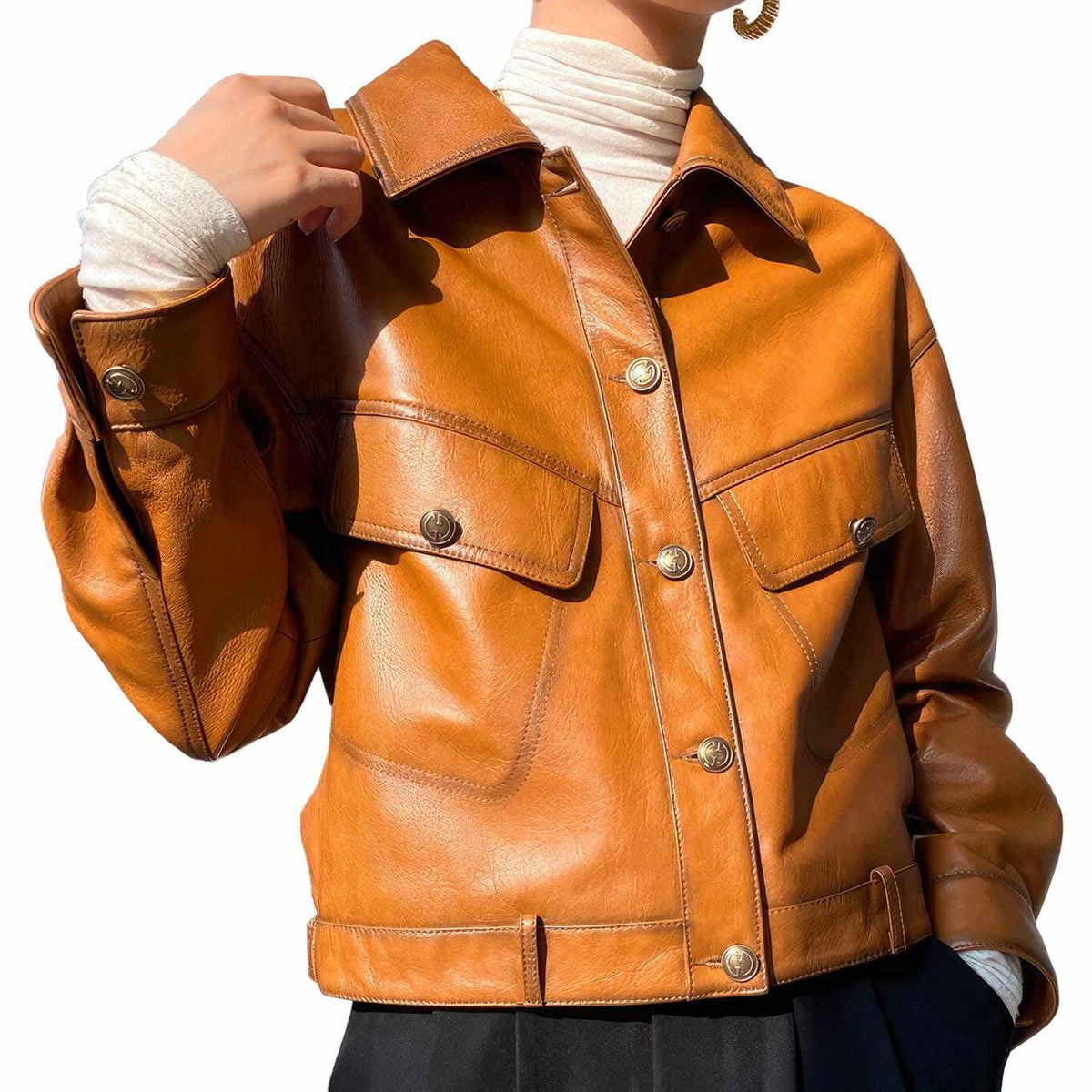 Women's Oversized Single-Breasted Leather Jacket in Orange, front view