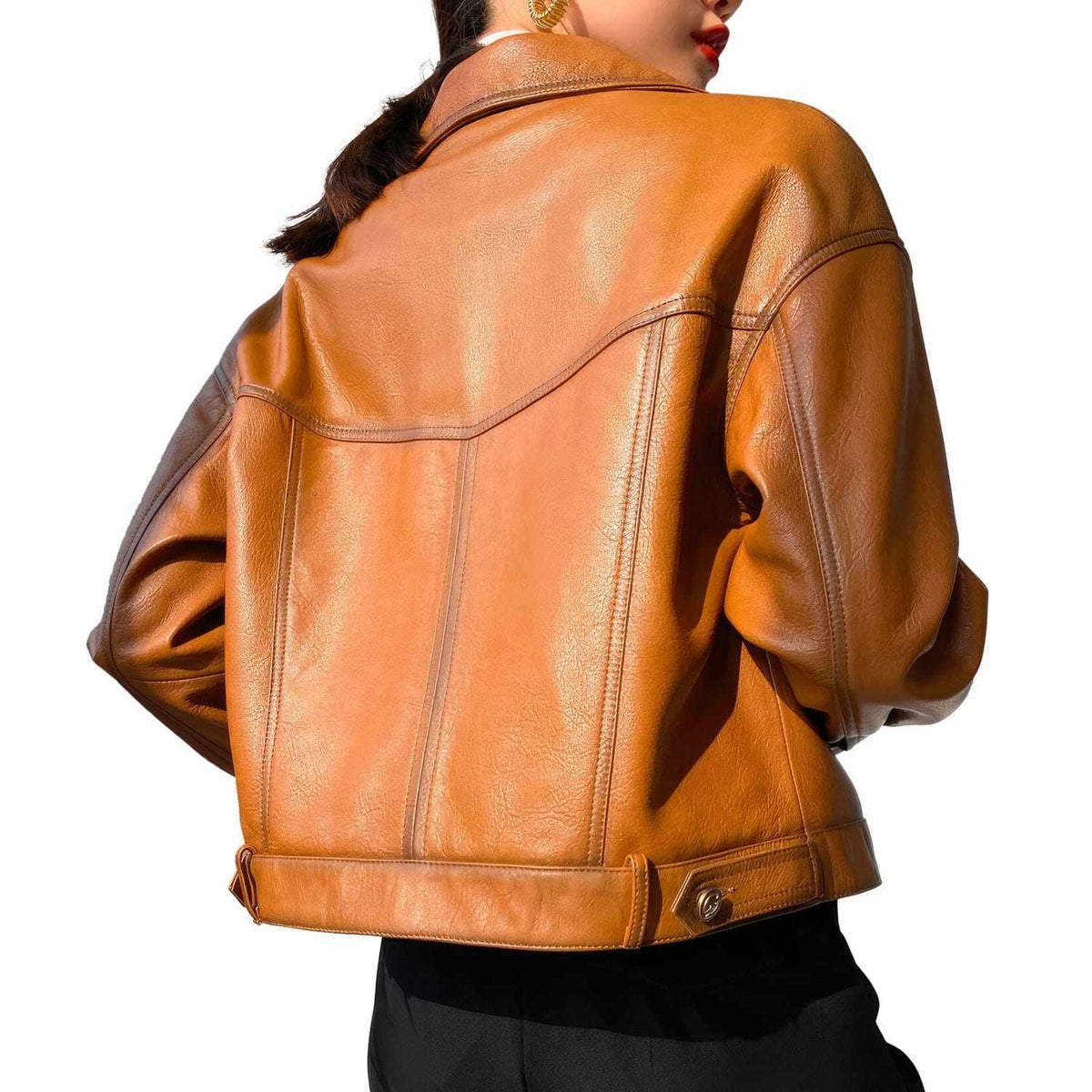 Women's Oversized Single-Breasted Leather Jacket in Orange, styled