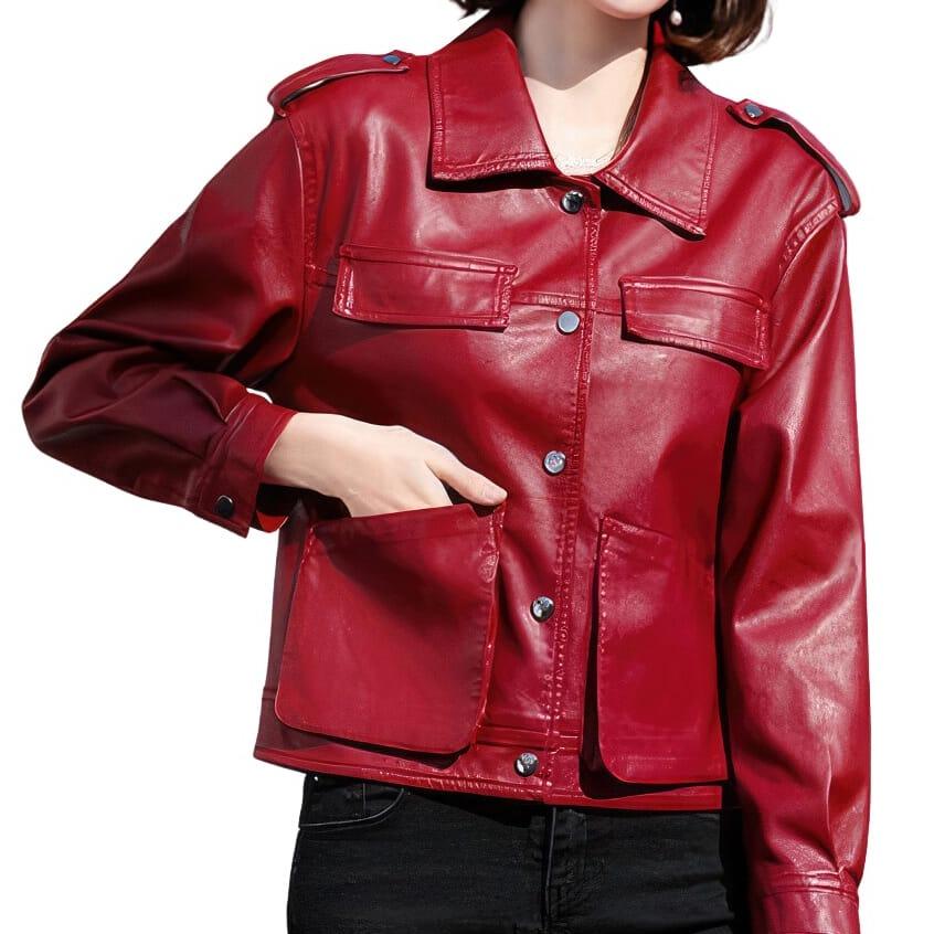 Women's Red Retro Leather Jacket, front view