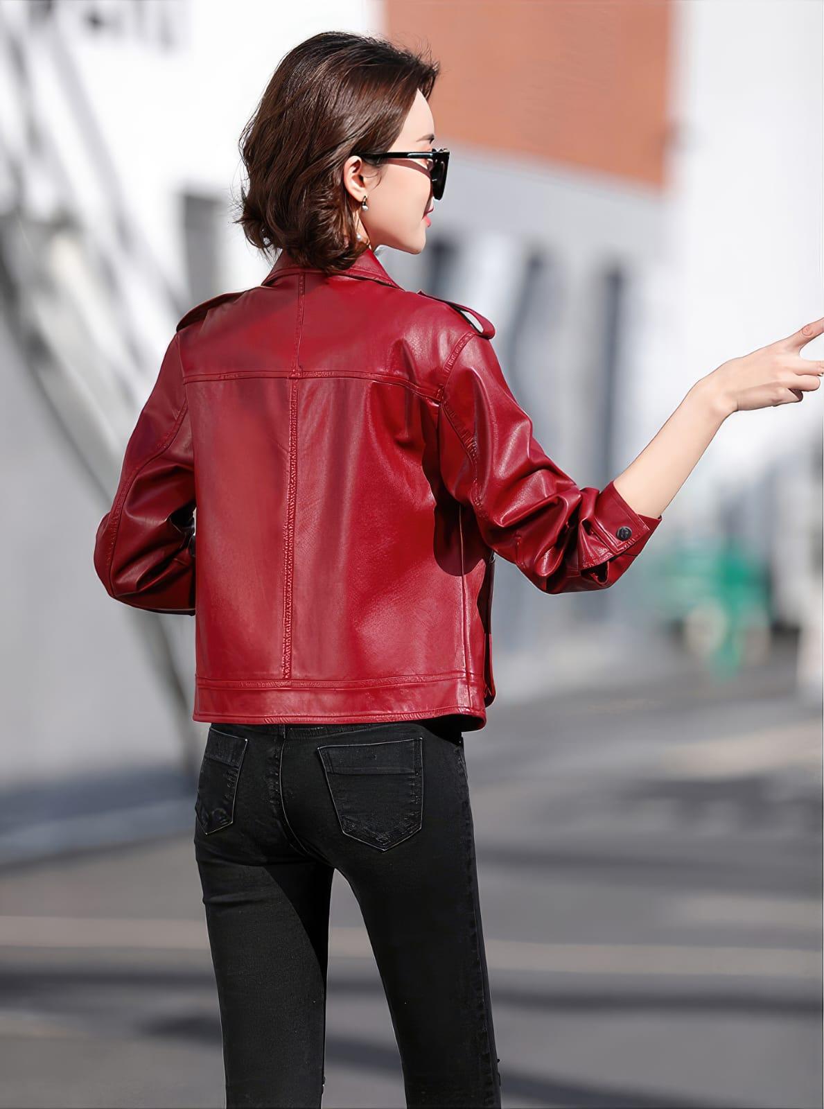 Women's Red Retro Leather Jacket, styled