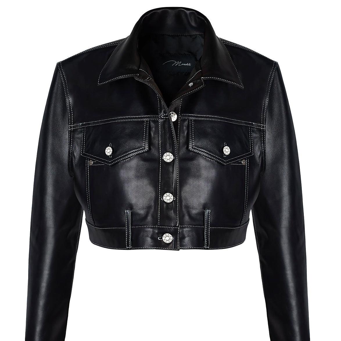 Women's Short Oversized Black Leather Jacket, front view