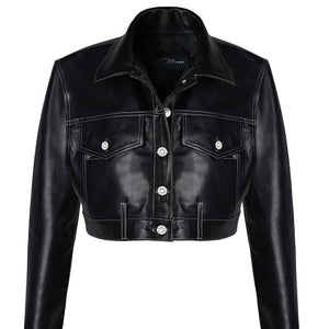 Giacca di pelle nera corta oversize da donna