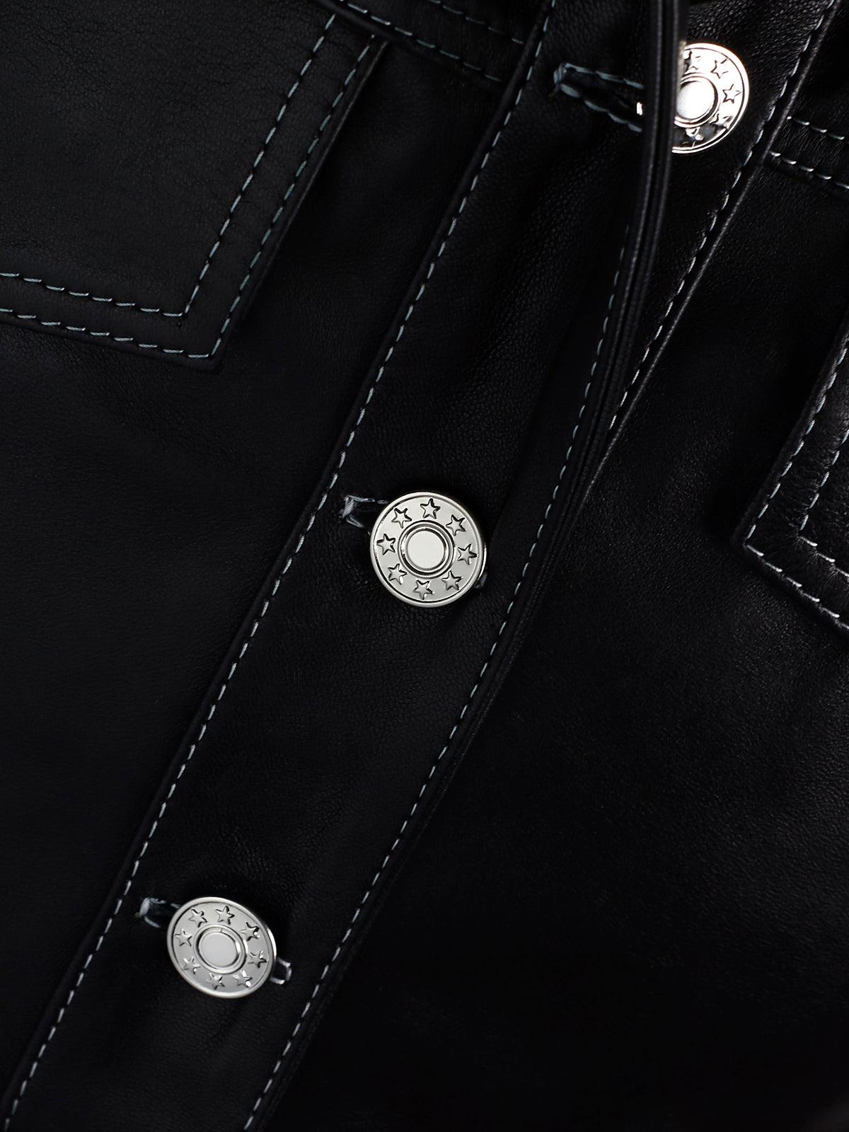 Women's Short Oversized Black Leather Jacket, leather detail